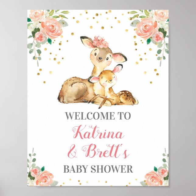 Cute Woodland Deer Co-Ed Baby Girl Shower Welcome Poster (Front)