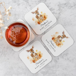 Cute Woodland Deer Fall Baby Shower Square Paper Coaster