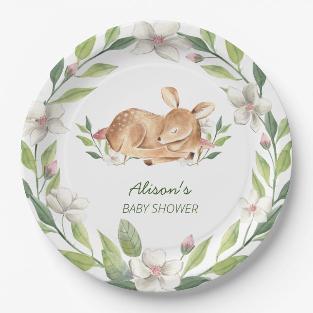 Cute Woodland Deer Floral Greenery Baby Shower 9" Paper Plate (Front)