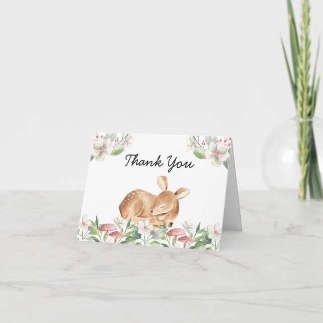 Cute Woodland Deer Floral Greenery Baby Shower Thank You Card (Front)