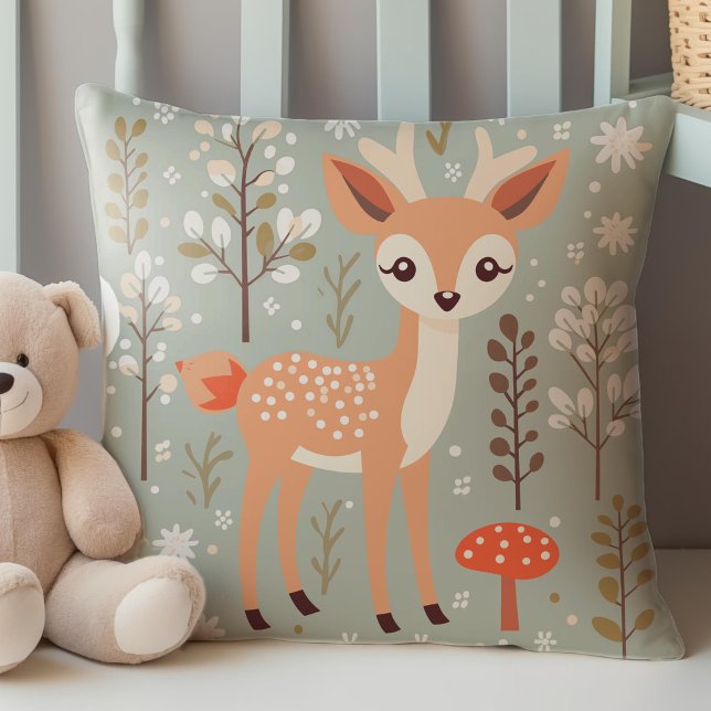 Cute Woodland Deer, Forest Friends, Gender Neutral Cushion (Cute Deer, Woodland Animals Themed Nursery Decor, Throw Pillow.)