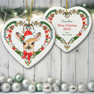 Cute Woodland Deer Heart Holiday Wreath Ceramic Tree Decoration