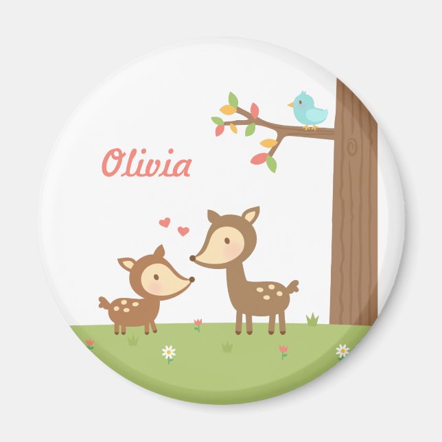 Cute Woodland Deer Mother and Child Name Magnet (Front)