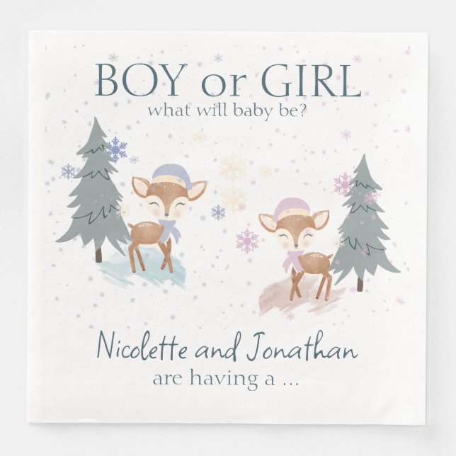 Cute Woodland Deer Winter Baby Gender Reveal Napkin (Front)