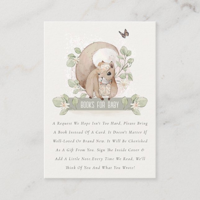Cute Woodland Flora Squirrel Books For Baby Shower Enclosure Card (Front)