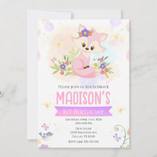 Cute Woodland Floral Fox Girl 1st Birthday Invitation