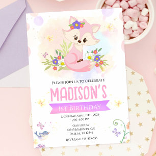 Cute Woodland Floral Fox Girl 1st Birthday Invitation