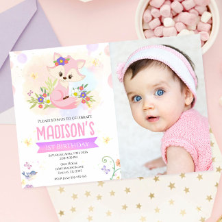 Cute Woodland Floral Fox Girl 1st Birthday Photo Invitation