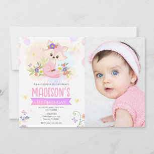 Cute Woodland Floral Fox Girl 1st Birthday Photo Invitation