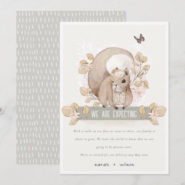 Cute Woodland Floral Squirrel Baby Announcement (Front/Back)