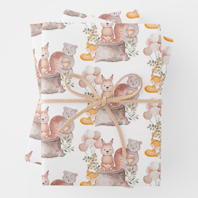 Cute Woodland Forest Animal Friends Baby Shower Wrapping Paper Sheet (In situ)