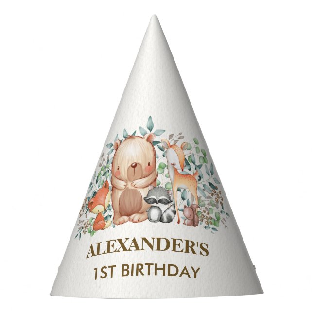 Cute Woodland Forest Animals 1st Birthday Party Hat (Front)