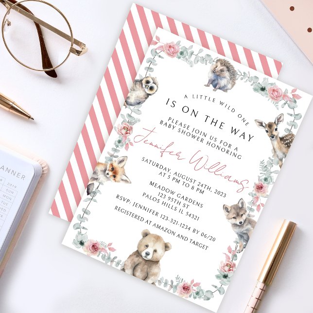 Cute woodland forest animals baby girl shower invitation (Creator Uploaded)