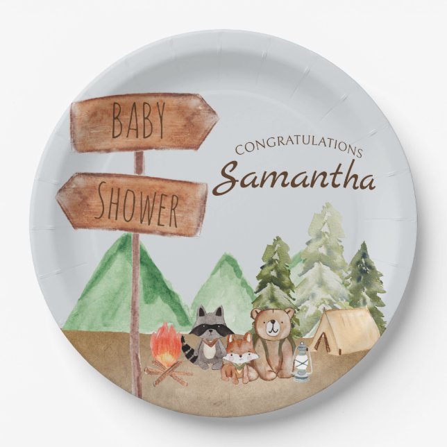 Cute Woodland Forest Animals Camping Baby Shower Paper Plate (Front)