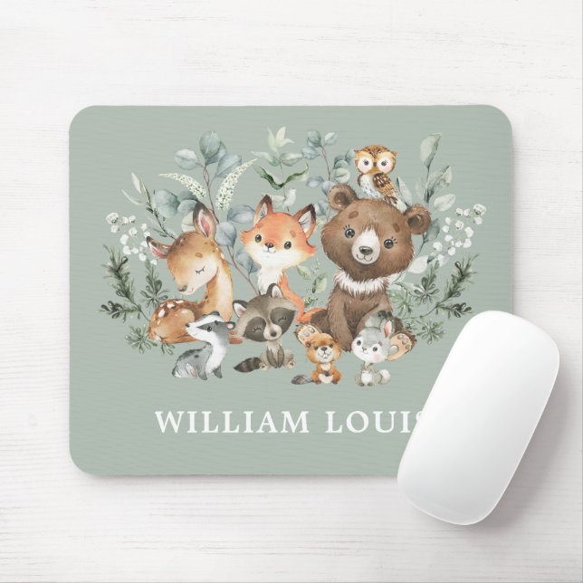 Cute Woodland Forest Animals Greenery Monogram Mouse Pad (With Mouse)