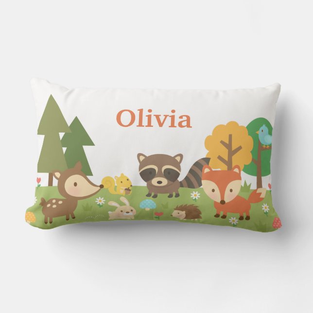 Cute Woodland Forest Animals Kids Room Decor Lumbar Cushion (Front)