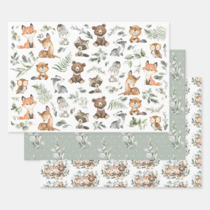 Cute Woodland Forest Animals Sage Greenery  Wrapping Paper Sheet