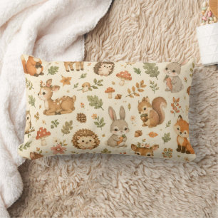 Cute Woodland Forest Animals Watercolor Pattern Lumbar Cushion