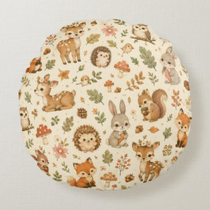Cute Woodland Forest Animals Watercolor Pattern Round Cushion