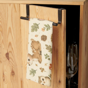 Cute Woodland Forest Animals Watercolor Pattern Tea Towel