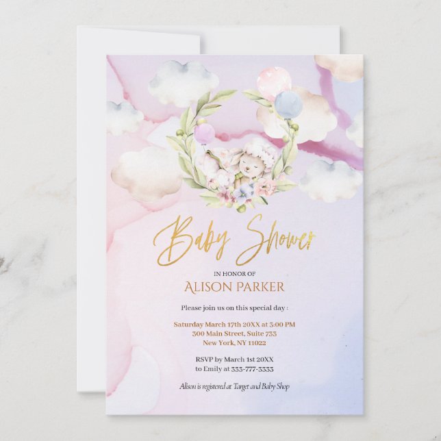 Cute Woodland Forest Rabbit Pink Sky | Baby Shower Invitation (Front)