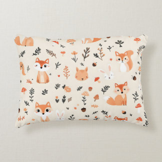 Cute Woodland Fox and Bunny Pattern on White Decorative Cushion