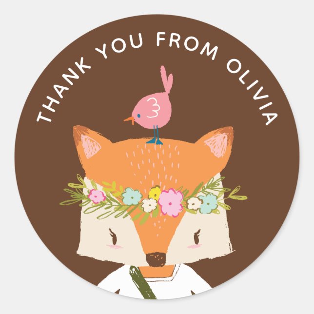 Cute woodland fox animal. Kids / baby thank you Classic Round Sticker (Front)