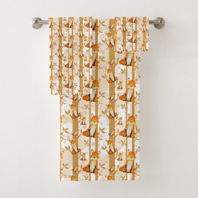 cute woodland fox cabin tiled pattern bath towel set (Insitu)
