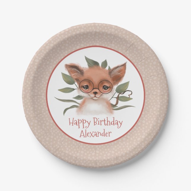 Cute Woodland Fox Children's Birthday Party Paper Plate (Front)