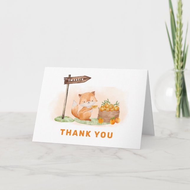 Cute Woodland Fox Citrus Orange Farm Baby Shower Thank You Card (Front)