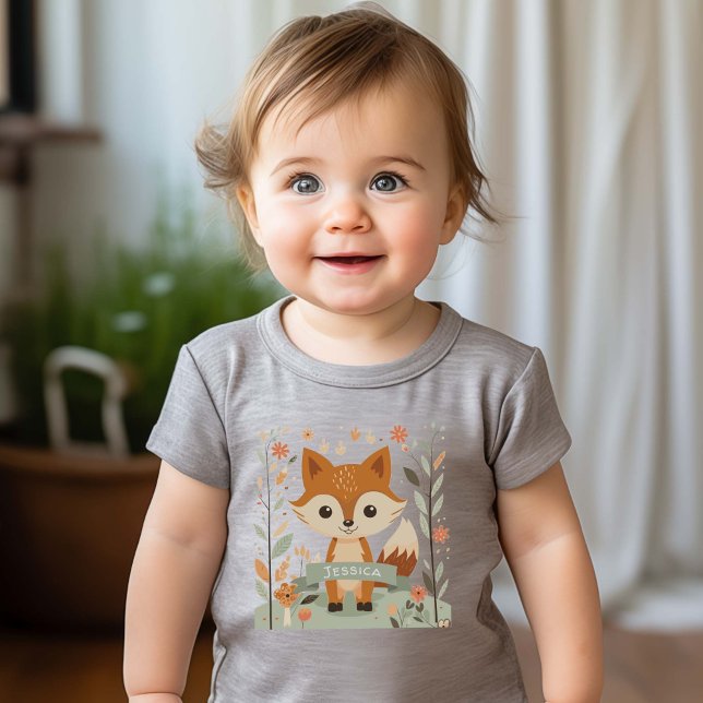 Cute Woodland fox, forest animals, gender neutral Baby T-Shirt (Woodland fox, gender neutral baby t-shirts. Personalized Name.)