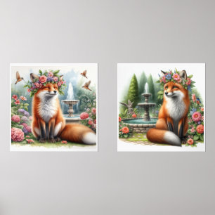 Cute Woodland Fox in Flower Garden Print Set