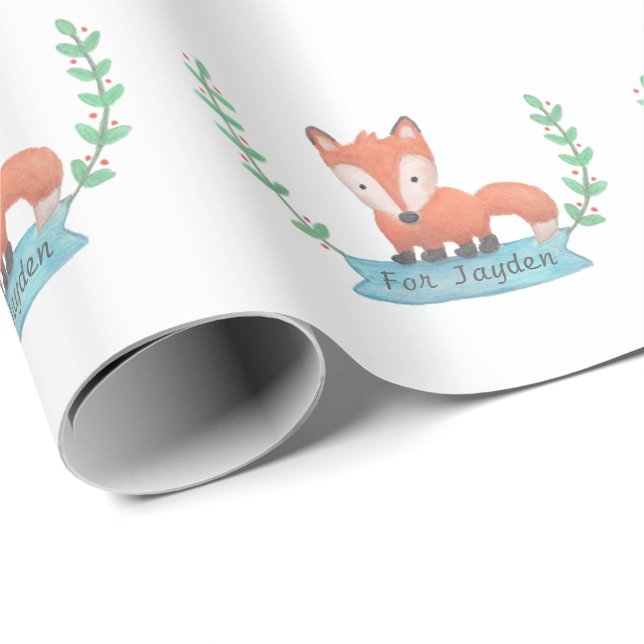 Cute Woodland Fox Kids Personalised Wrapping Paper (Roll Corner)