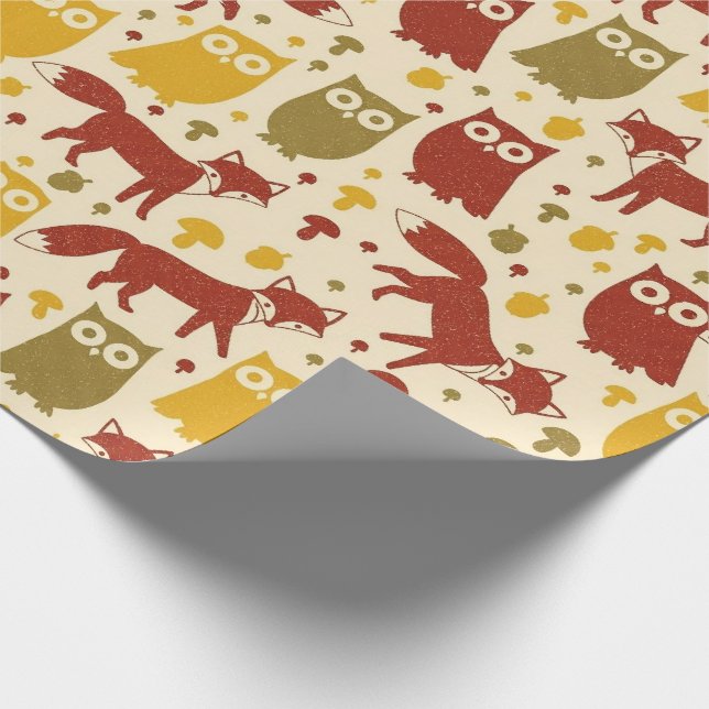 Cute Woodland Fox & Owl Pattern Wrapping Paper (Corner)