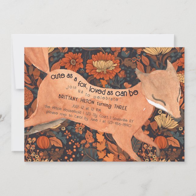 Cute Woodland Fox Watercolor Fall 3rd Birthday Invitation (Front)