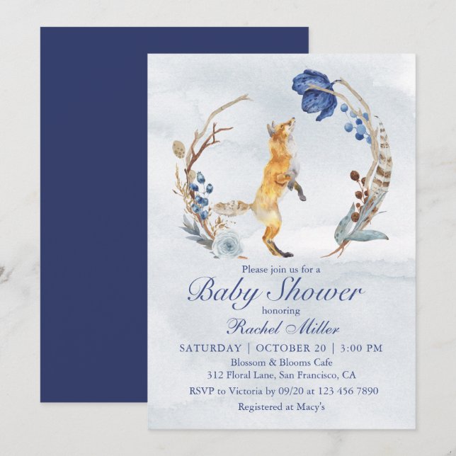 Cute Woodland Fox Watercolor Floral Baby Shower Invitation (Front/Back)