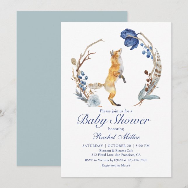 Cute Woodland Fox Watercolor Floral Baby Shower Invitation (Front/Back)