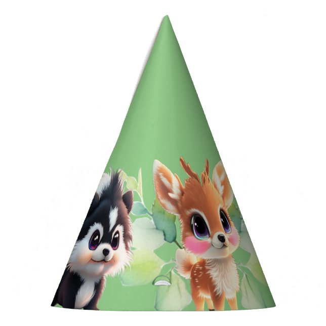 Cute Woodland friends fox skunk racoon deer Party Hat (Left)