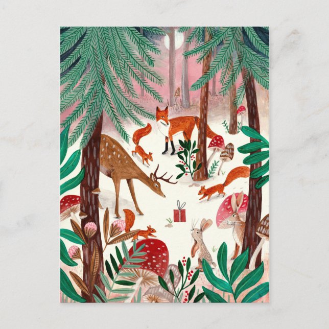 Cute Woodland green & pink woodland animals Forest Holiday Postcard (Front)