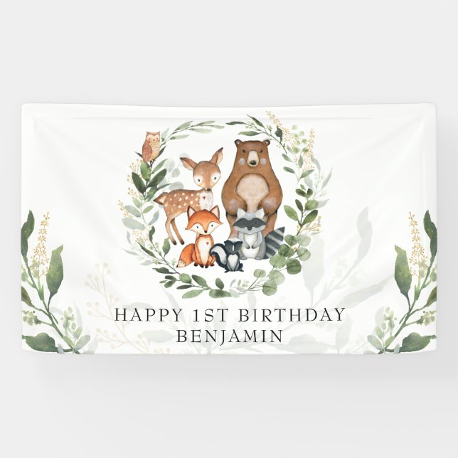 Cute Woodland Greenery Animals Happy Birthday Banner (Horizontal)