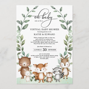 Cute Woodland Greenery Animals Virtual Baby Shower Invitation