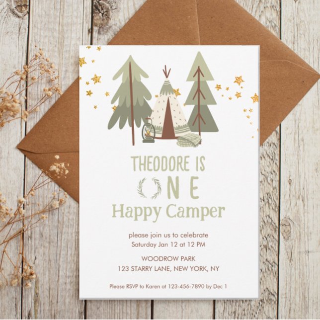 Cute Woodland Happy Camper First Birthday Invitation (Creator Uploaded)