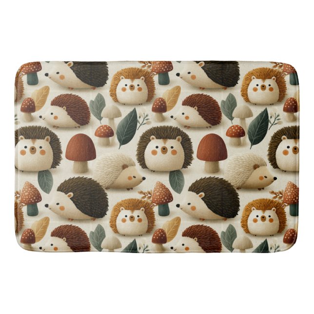 Cute Woodland Hedgehog and Mushroom Pattern Bath Mat (Front)