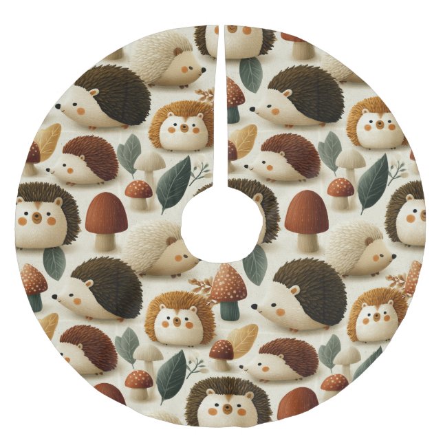 Cute Woodland Hedgehog and Mushroom Pattern Brushed Polyester Tree Skirt (Front)
