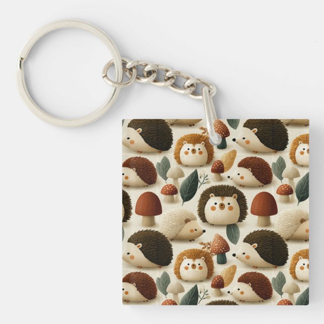 Cute Woodland Hedgehog and Mushroom Pattern Key Ring (Front)