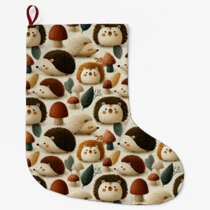 Cute Woodland Hedgehog and Mushroom Pattern Large Christmas Stocking