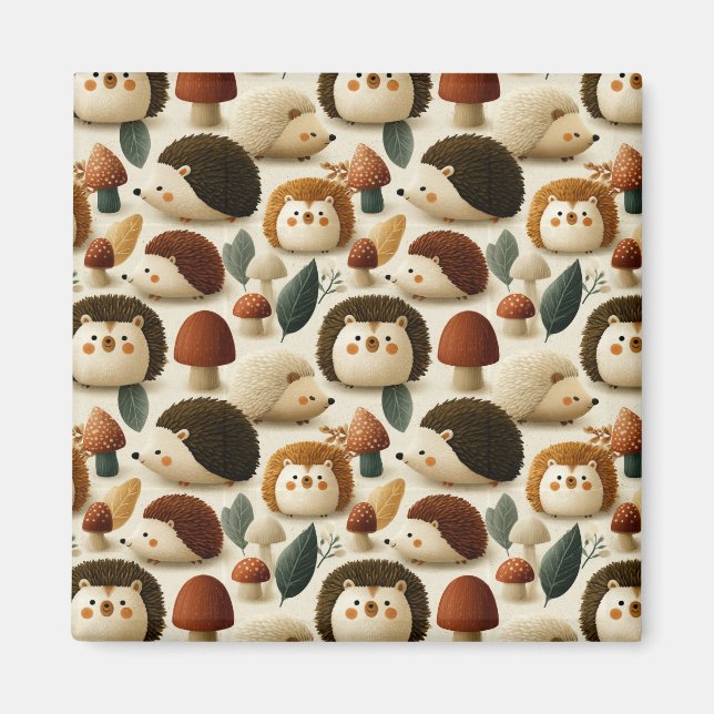 Cute Woodland Hedgehog and Mushroom Pattern Magnet (Front)
