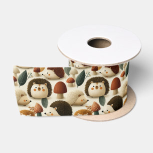 Cute Woodland Hedgehog and Mushroom Pattern Satin Ribbon