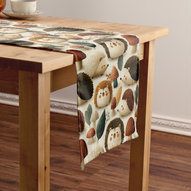 Cute Woodland Hedgehog and Mushroom Pattern Short Table Runner (In Situ)