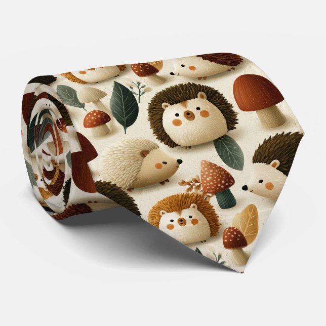 Cute Woodland Hedgehog and Mushroom Pattern Tie (Rolled)